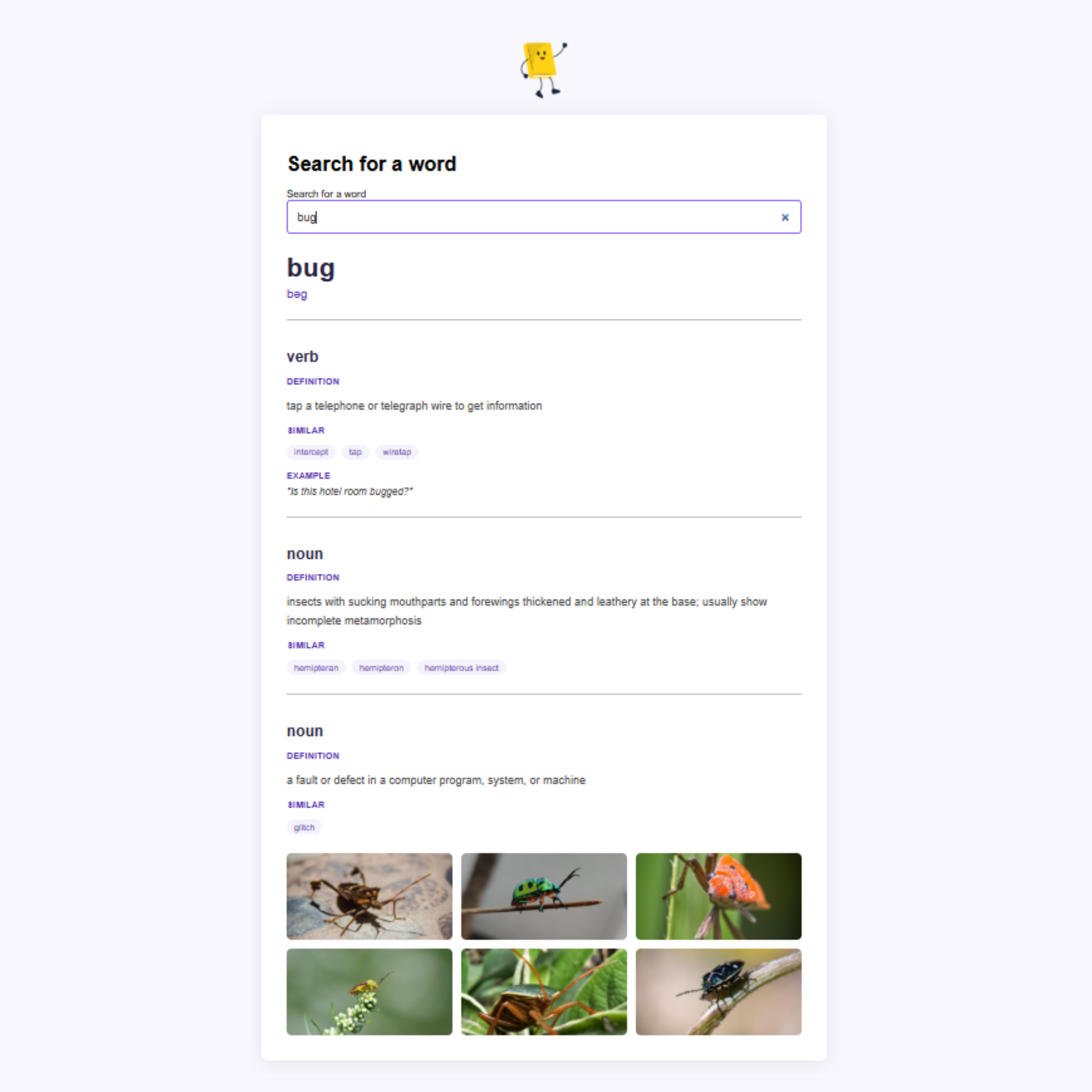 Screenshot of a dictionary website with results from the search word bug