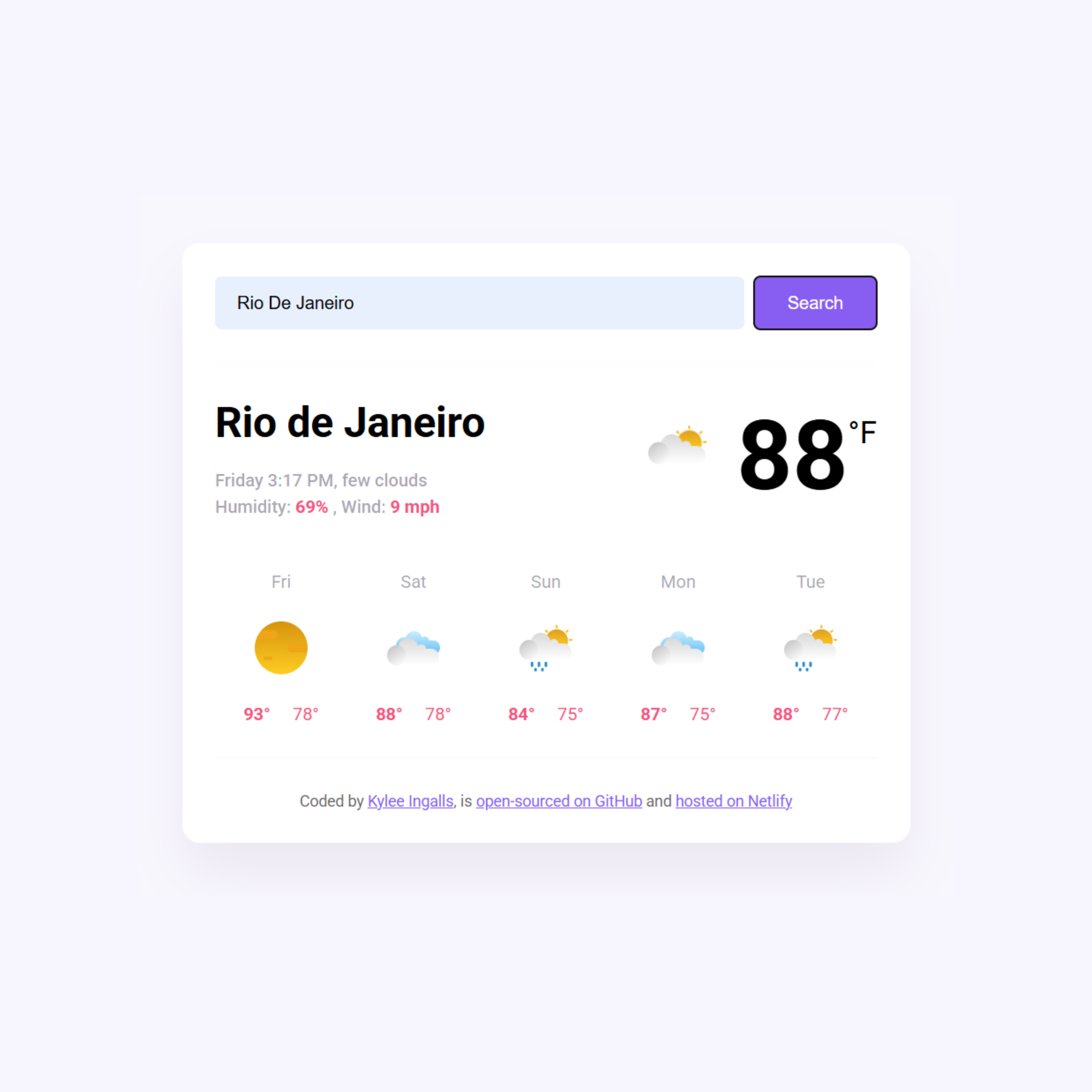 Screenshot of a weather forecast app showing a warm day in Rio de Janeiro, Brazil